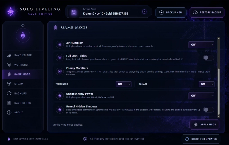 Solo Leveling: Arise Overdrive "Редактор сохранений от Kraken092: Игрок, ресурсы, предметы, костюмы и ачивки"