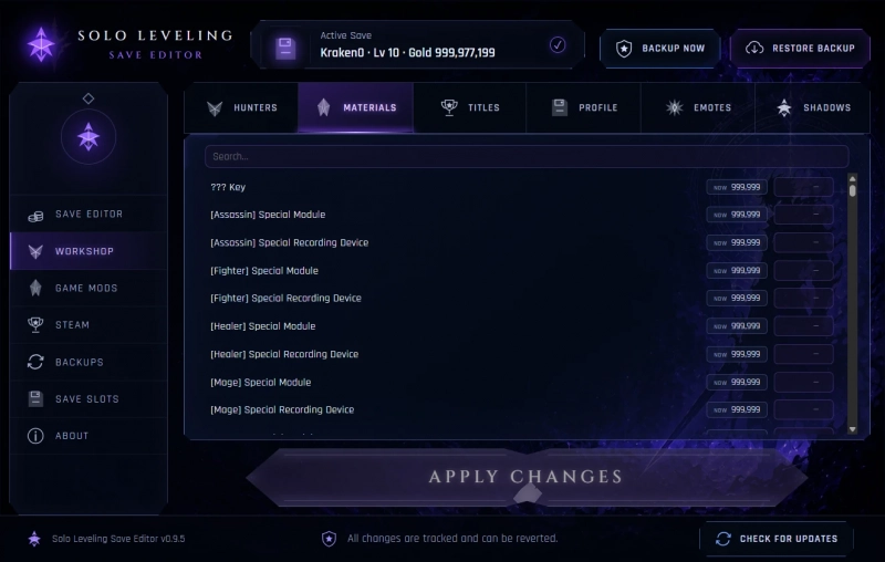 Solo Leveling: Arise Overdrive "Редактор сохранений от Kraken092: Игрок, ресурсы, предметы, костюмы и ачивки"