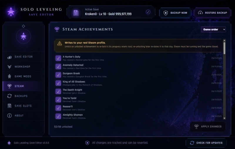 Solo Leveling: Arise Overdrive "Редактор сохранений от Kraken092: Игрок, ресурсы, предметы, костюмы и ачивки"