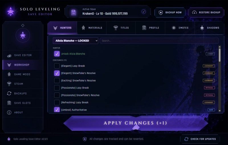 Solo Leveling: Arise Overdrive "Редактор сохранений от Kraken092: Игрок, ресурсы, предметы, костюмы и ачивки"
