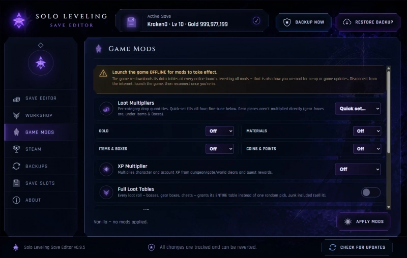 Solo Leveling: Arise Overdrive "Редактор сохранений от Kraken092: Игрок, ресурсы, предметы, костюмы и ачивки"