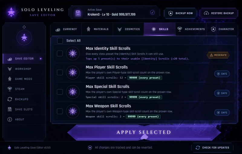 Solo Leveling: Arise Overdrive "Редактор сохранений от Kraken092: Игрок, ресурсы, предметы, костюмы и ачивки"