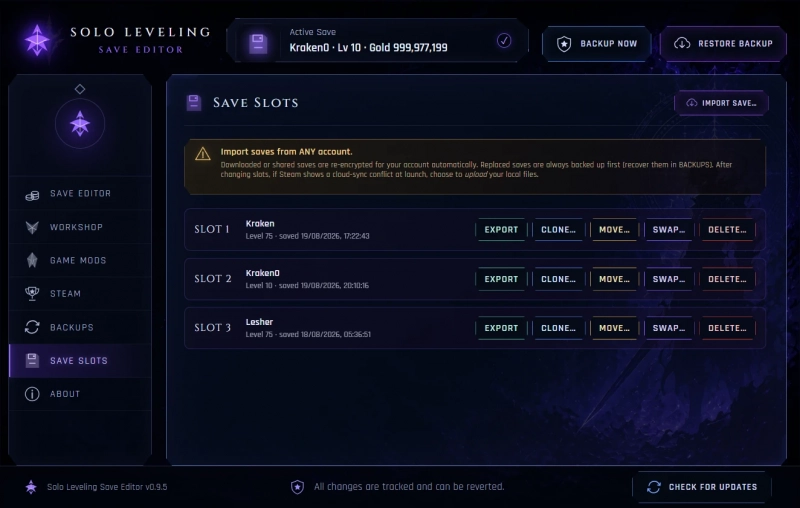Solo Leveling: Arise Overdrive "Редактор сохранений от Kraken092: Игрок, ресурсы, предметы, костюмы и ачивки"
