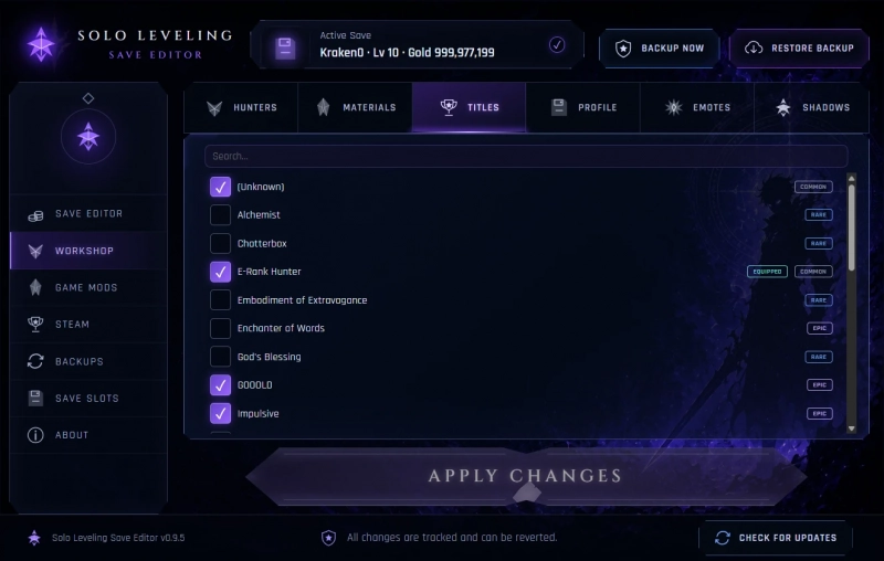 Solo Leveling: Arise Overdrive "Редактор сохранений от Kraken092: Игрок, ресурсы, предметы, костюмы и ачивки"